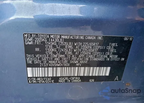 2010 Toyota Rav4 from USA, damaged, VIN 2T3ZF4DV9AW041808